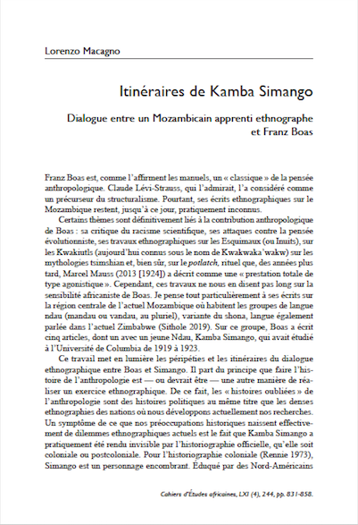 Itinéraires de Kamba Simango : dialogue entre un Mozambicain apprenti ethnographe et Franz Boas