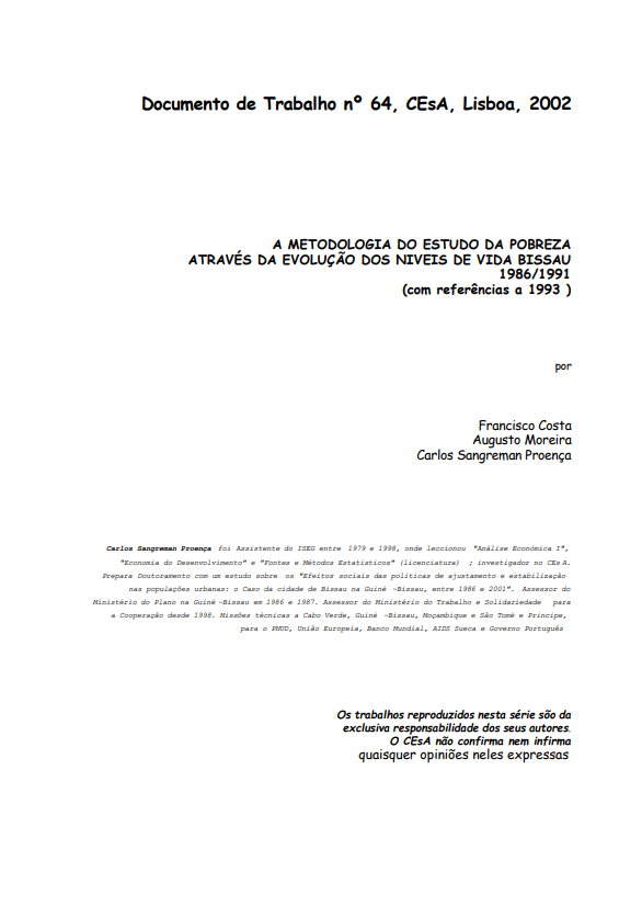 Working Paper 64/2002: A metodologia do estudo da pobreza através da evolução dos níveis de vida Bissau 1986/1991 (com referências a 1993)