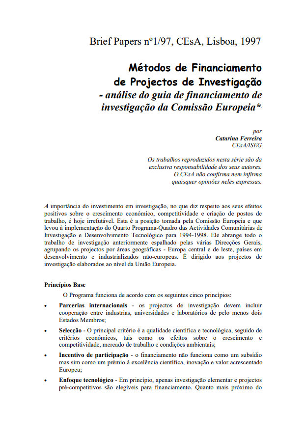 Métodos de financiamento de projectos de investigação: análise do guia de financiamento de investigação da Comissão Europeia